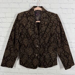 Y2K Corduroy Floral Blazer Women Medium Brown Colorblock Dark Academia Cottage